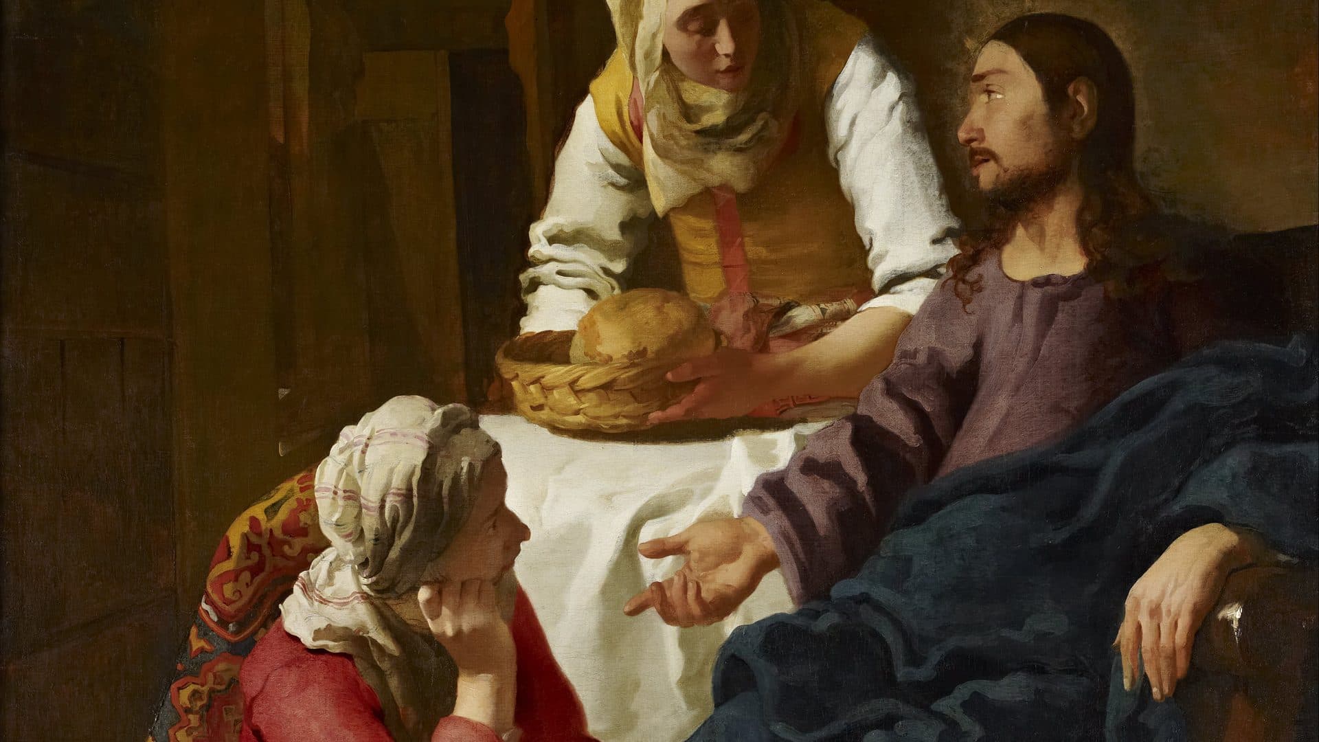 Painting of a woman bringing bread to a table as another listens, illustrative art for the Series B COO case study