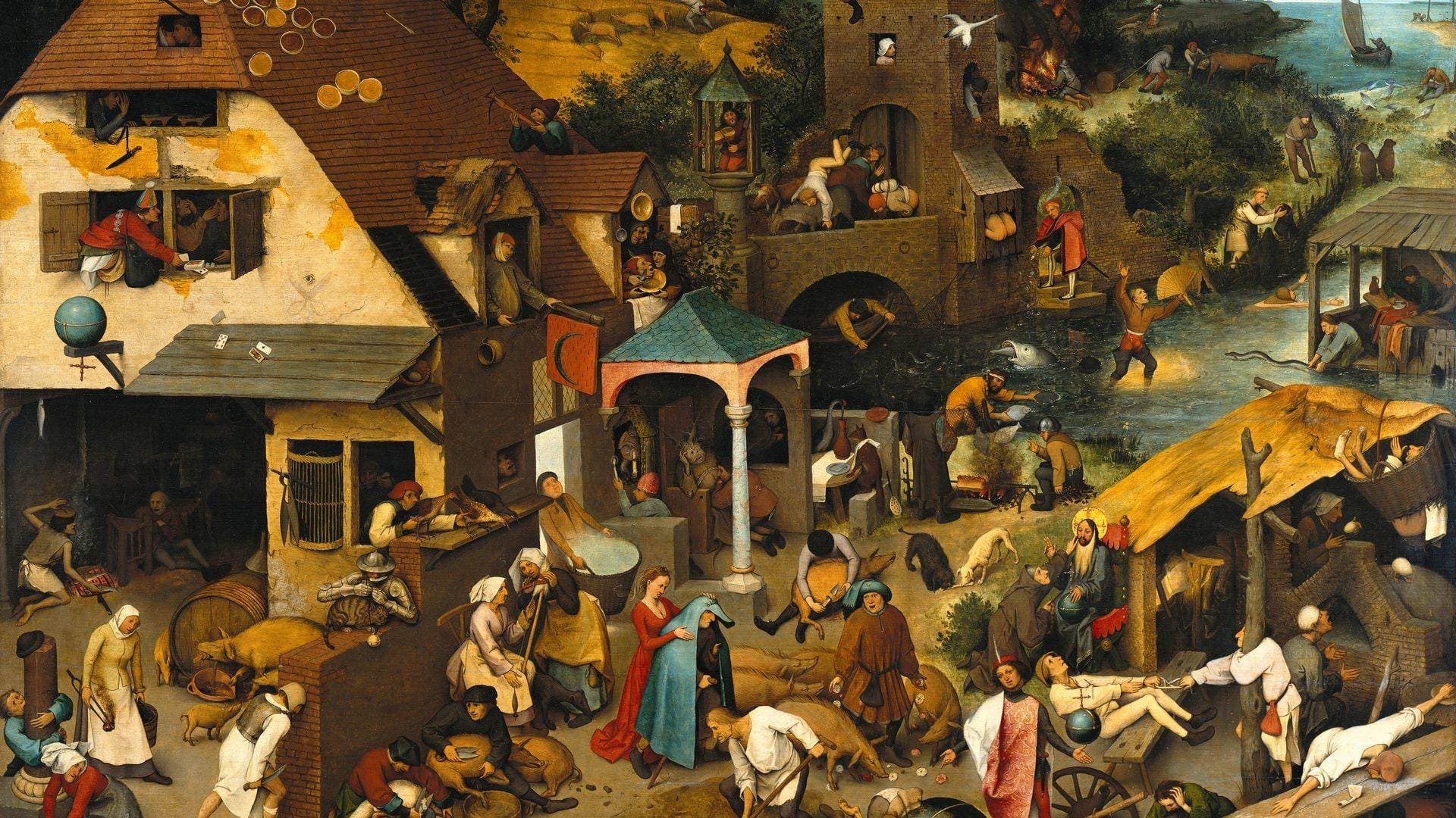 Painting of a crowded village full of people at dozens of odd tasks, illustrative art for the agency operations case study
