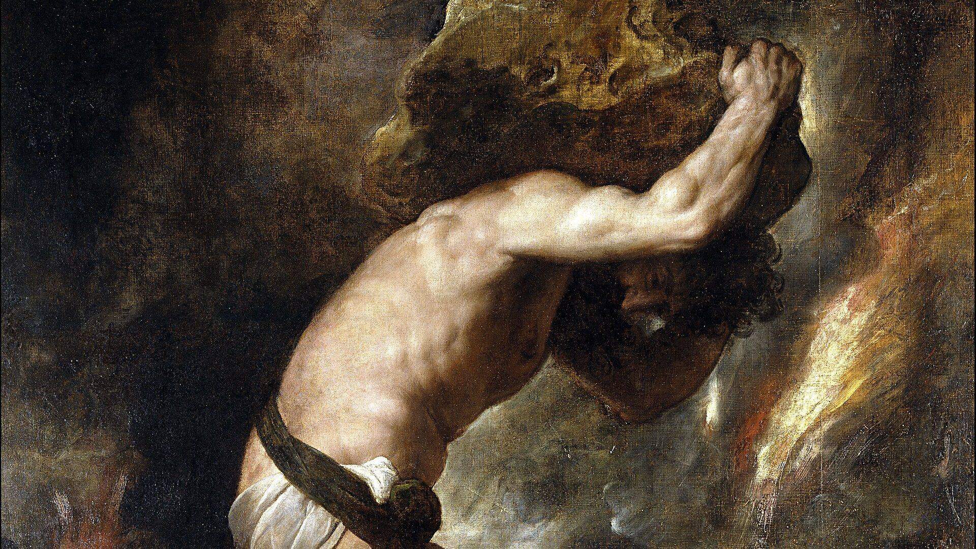 Painting of a man straining to carry a huge boulder, illustrative art for the Health Tech founder case study