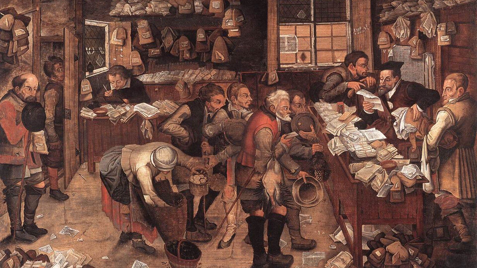 Painting of villagers bringing papers to busy clerks, illustrative art for the professional services partner case study