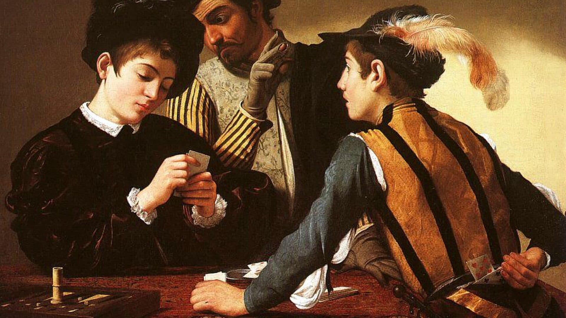 Painting of a card game with a cheat signaling behind a young player, illustrative art for the PE fund partner case study