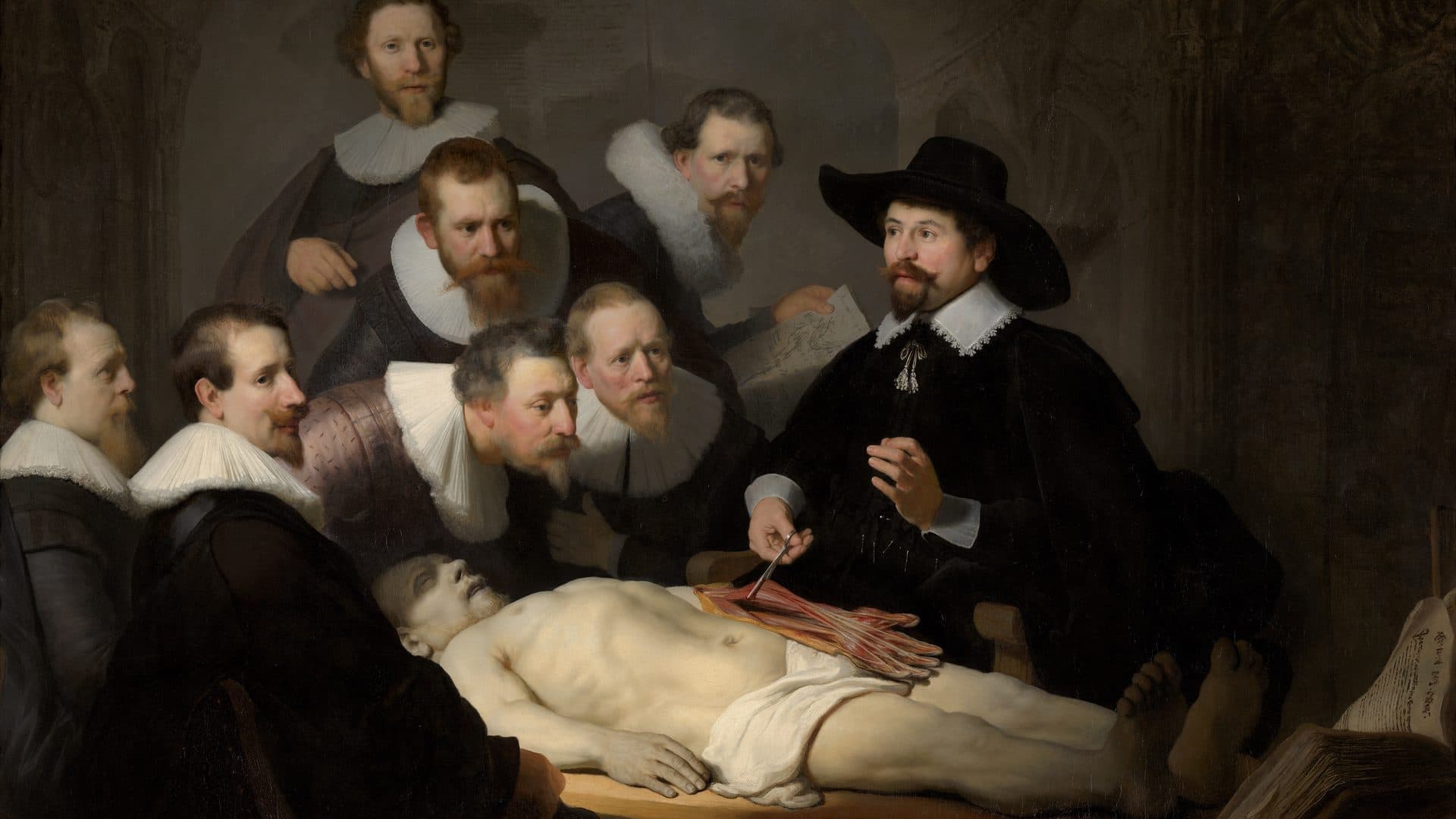 Painting of doctors crowding in to watch an anatomy lesson, illustrative art for the deep tech founder case study