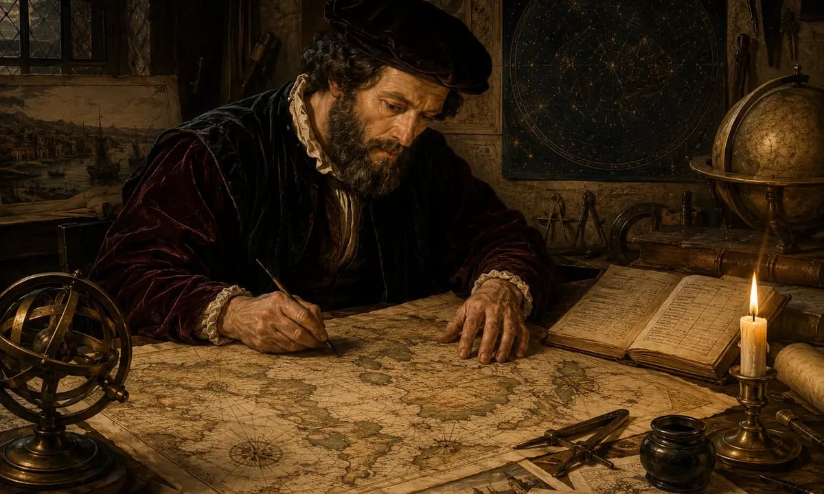 A Renaissance cartographer studies maps and market evidence