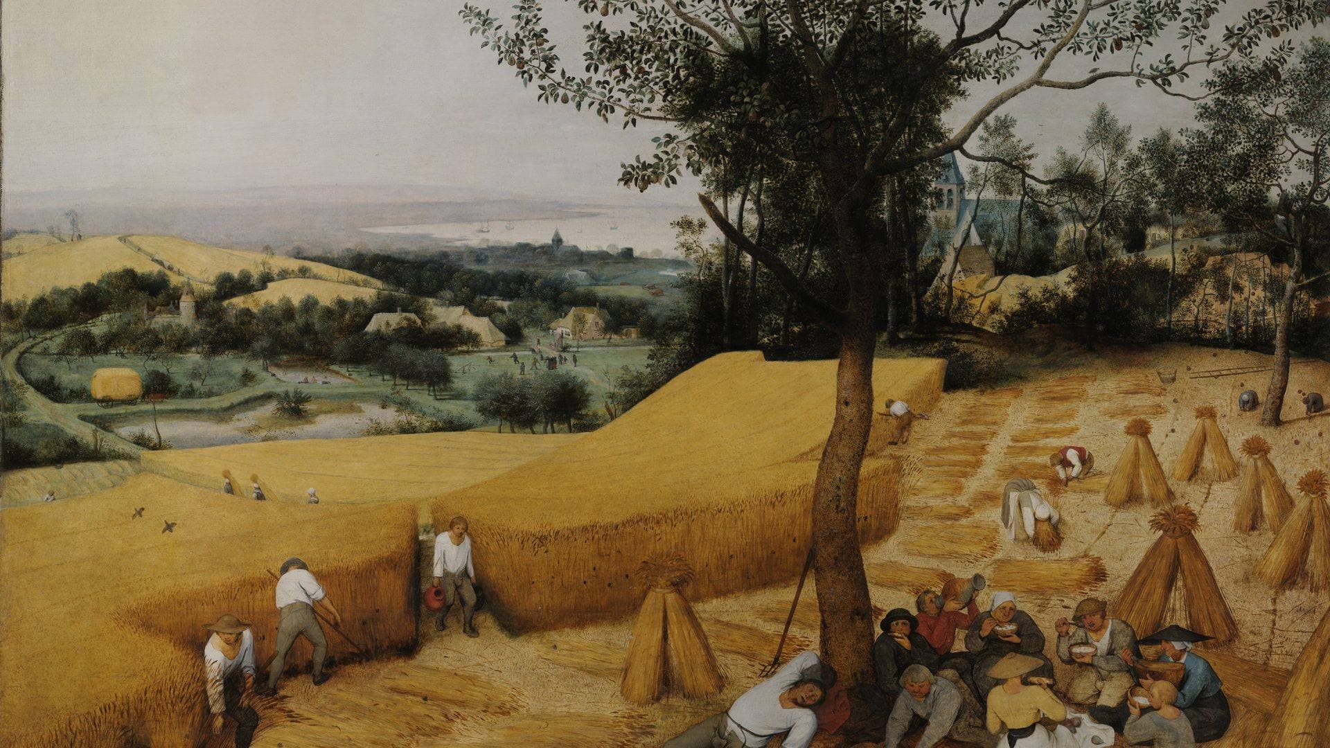 Painting of farm workers harvesting a golden wheat field, hero art for the illustrative case studies