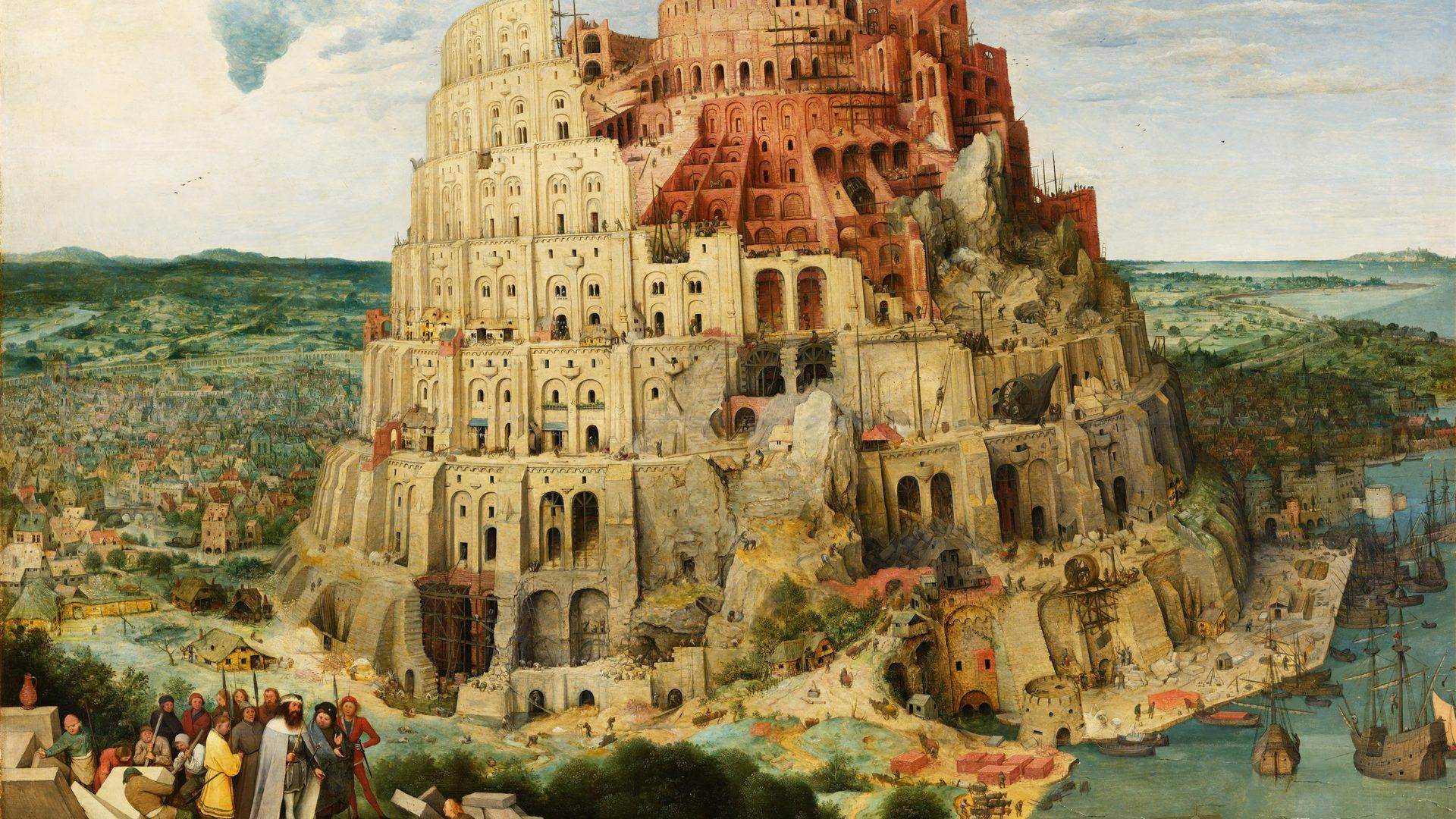 Painting of a giant stone tower under construction above a busy harbor, hero art for the Founders page