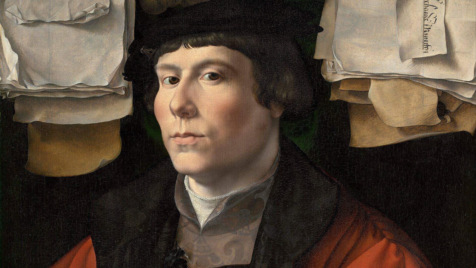 Painting of a merchant in a dark cap surrounded by pinned letters and papers, hero art for the Fund Managers page