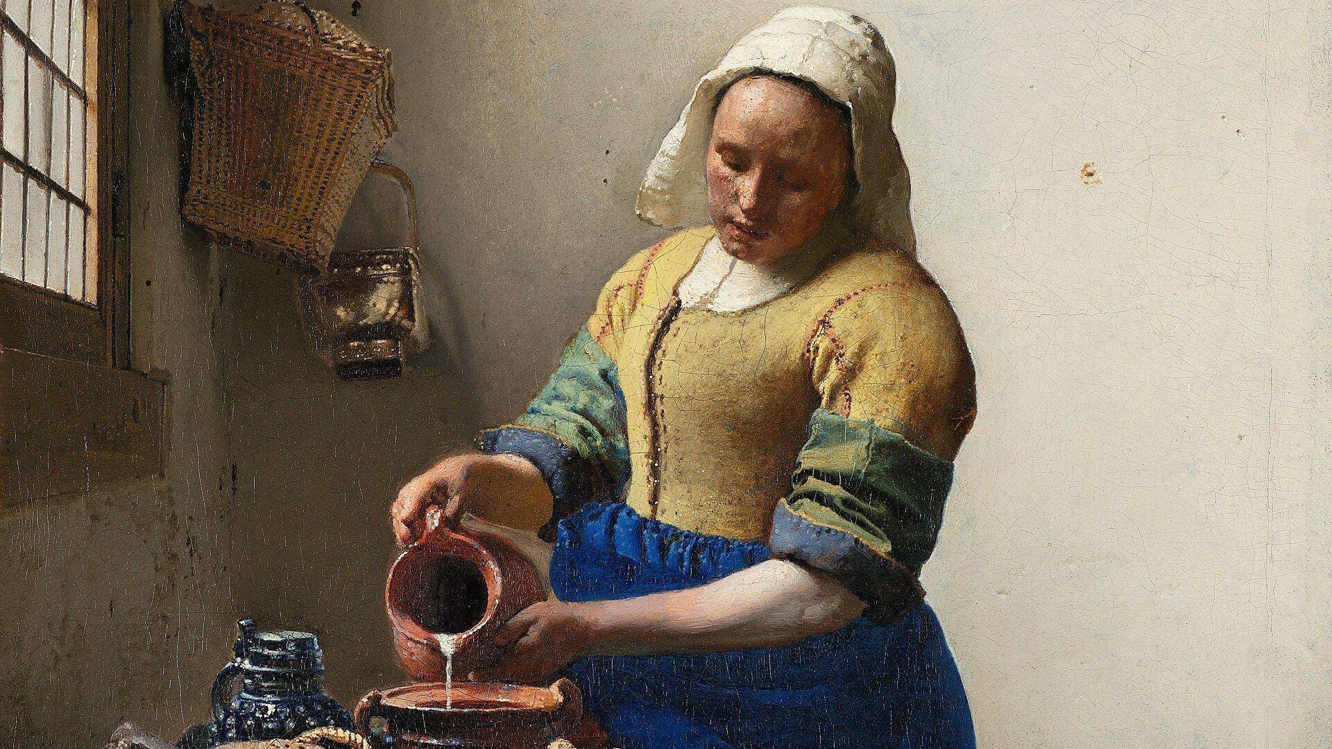 Painting of a kitchen maid pouring milk in a sunlit room, hero art for the Operators page