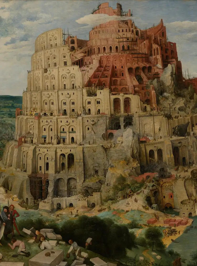 Old master painting of a huge unfinished stone tower rising above a harbor town, hero art for the homepage